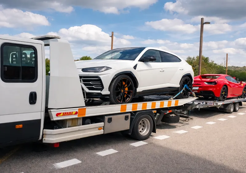 Notre dépanneuse LVR qui remorque deux véhicules de luxe